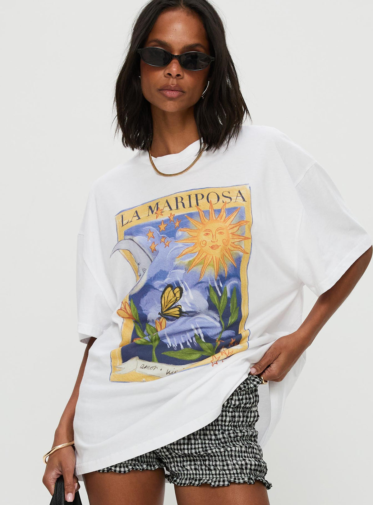 front view of model wearing Princess Polly Tarot Card Graphic Top White / Multi Half Sleeves Crew Neck 