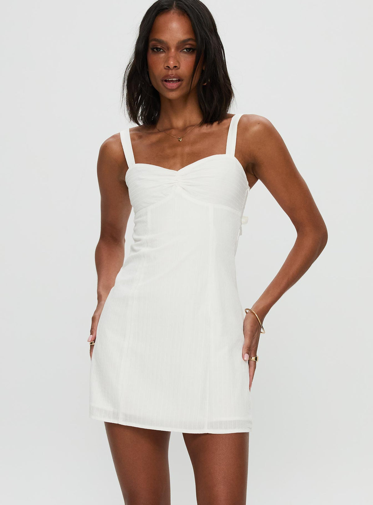 front view of model wearing Princess Polly Summer Isles Mini Dress White Sweetheart Neckline 