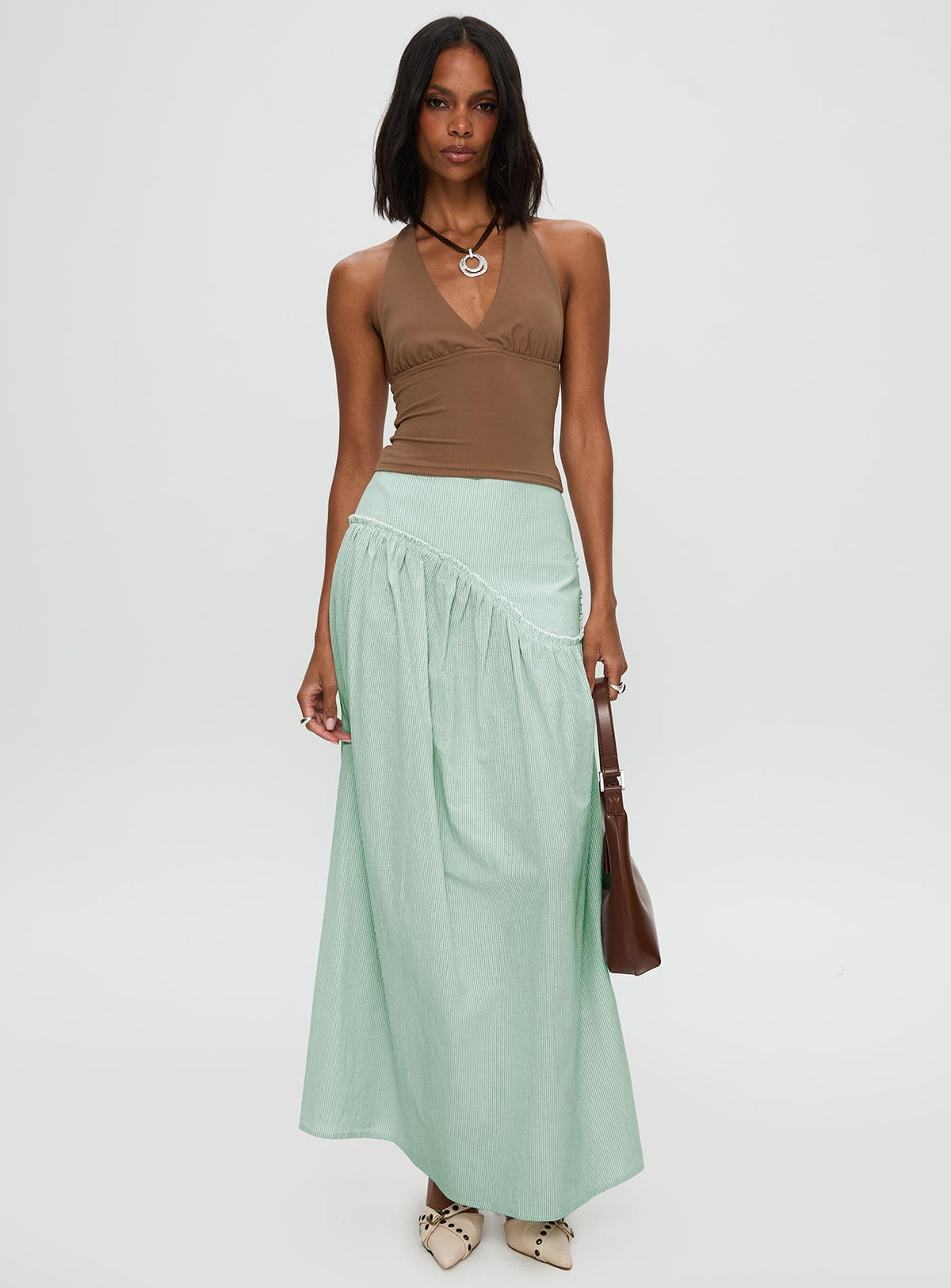   front view of model wearing Princess Polly Yasemine Maxi Skirt Green / White Maxi Skirts Skirts 