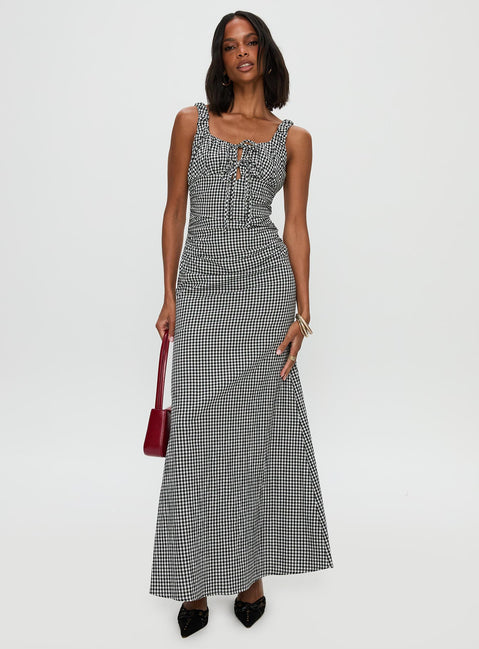 back view of model wearing Princess Polly Roundtrip Maxi Dress Black / White Scoop Neck 