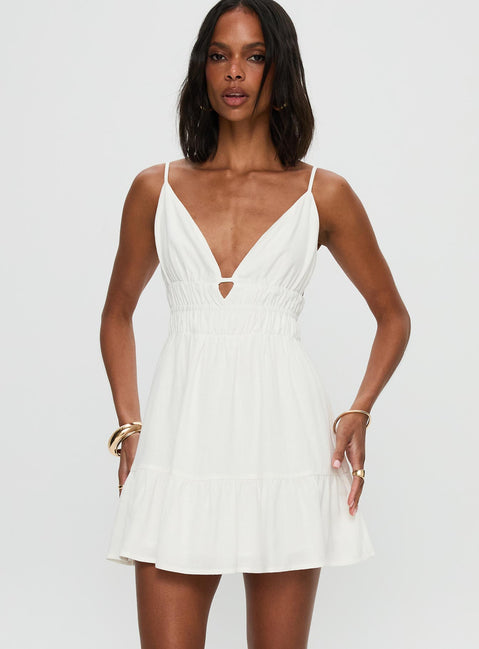 front view of model wearing Princess Polly Elpida Mini Dress White Plunger 