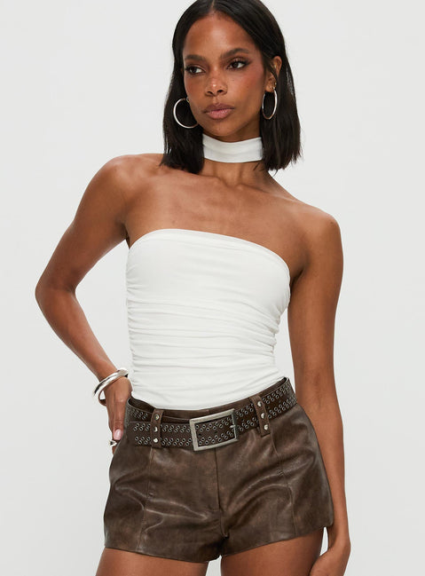 front view of model wearing Princess Polly Sorelle Scarf Bodysuit White Sleeveless Bodysuit 