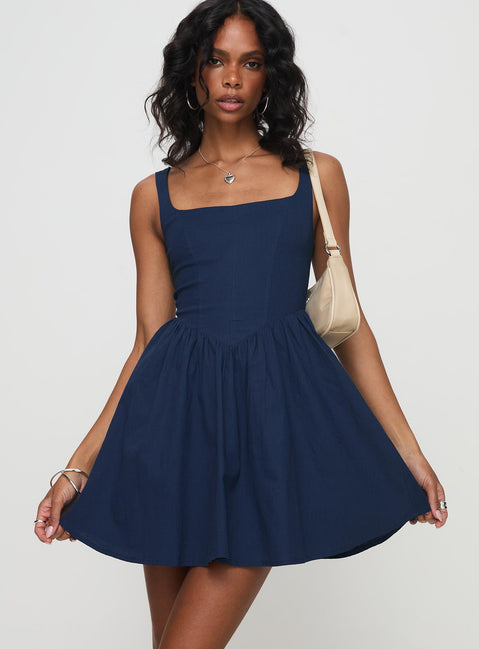 front view of model wearing Princess Polly Martie Mini Dress Navy Square Neck 