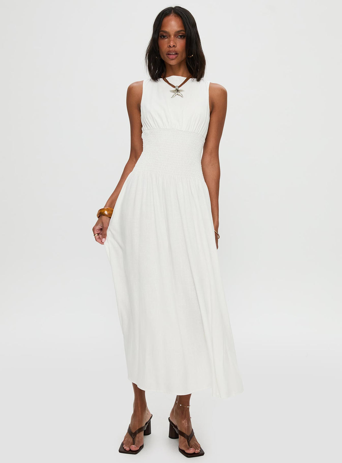 front view of model wearing Princess Polly Lilienne Shirred Maxi Dress White Crew Neck 