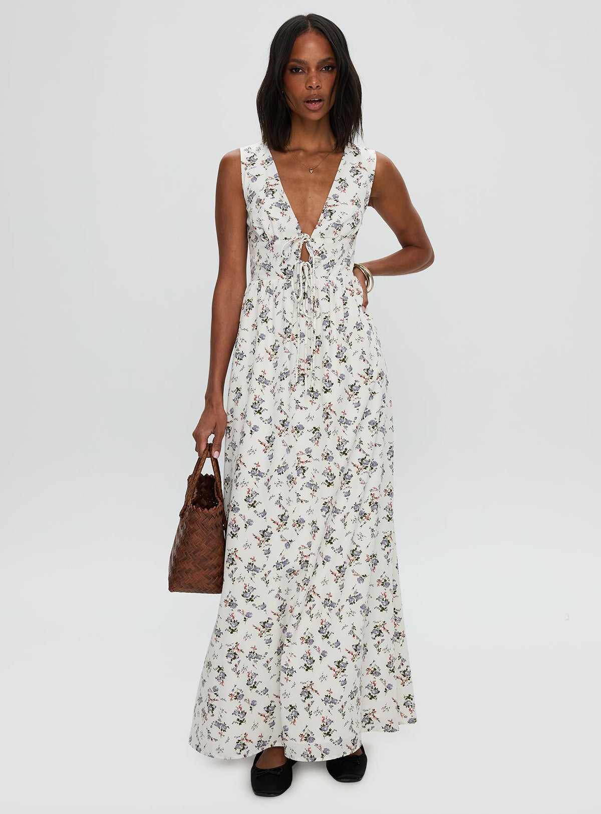 front view of model wearing Princess Polly Pokey Maxi Dress Floral Multi Plunger 