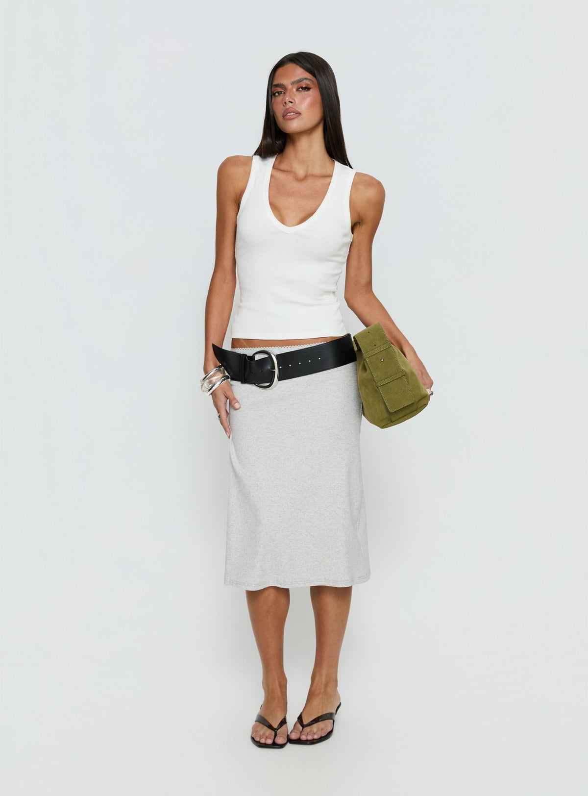   front view of model wearing Princess Polly Baseline Rib Midi Skirt Grey Marle Midi Skirts Skirts 