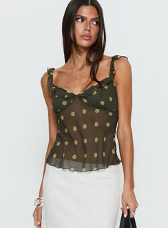 Zayliah Frill Detail Top Green Polka