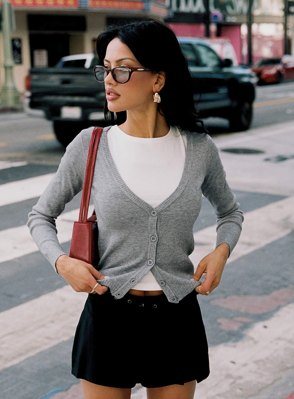 front view of model wearing Princess Polly York Cardigan Grey Marle Cropped Jumpers Jumpers 