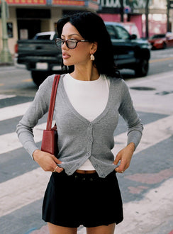front view of model wearing Princess Polly York Cardigan Grey Marle Cropped Jumpers Jumpers 