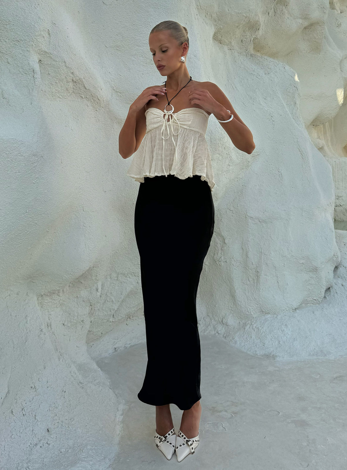   side view of model wearing Princess Polly Joder Maxi Skirt Black Maxi Skirts Skirts 