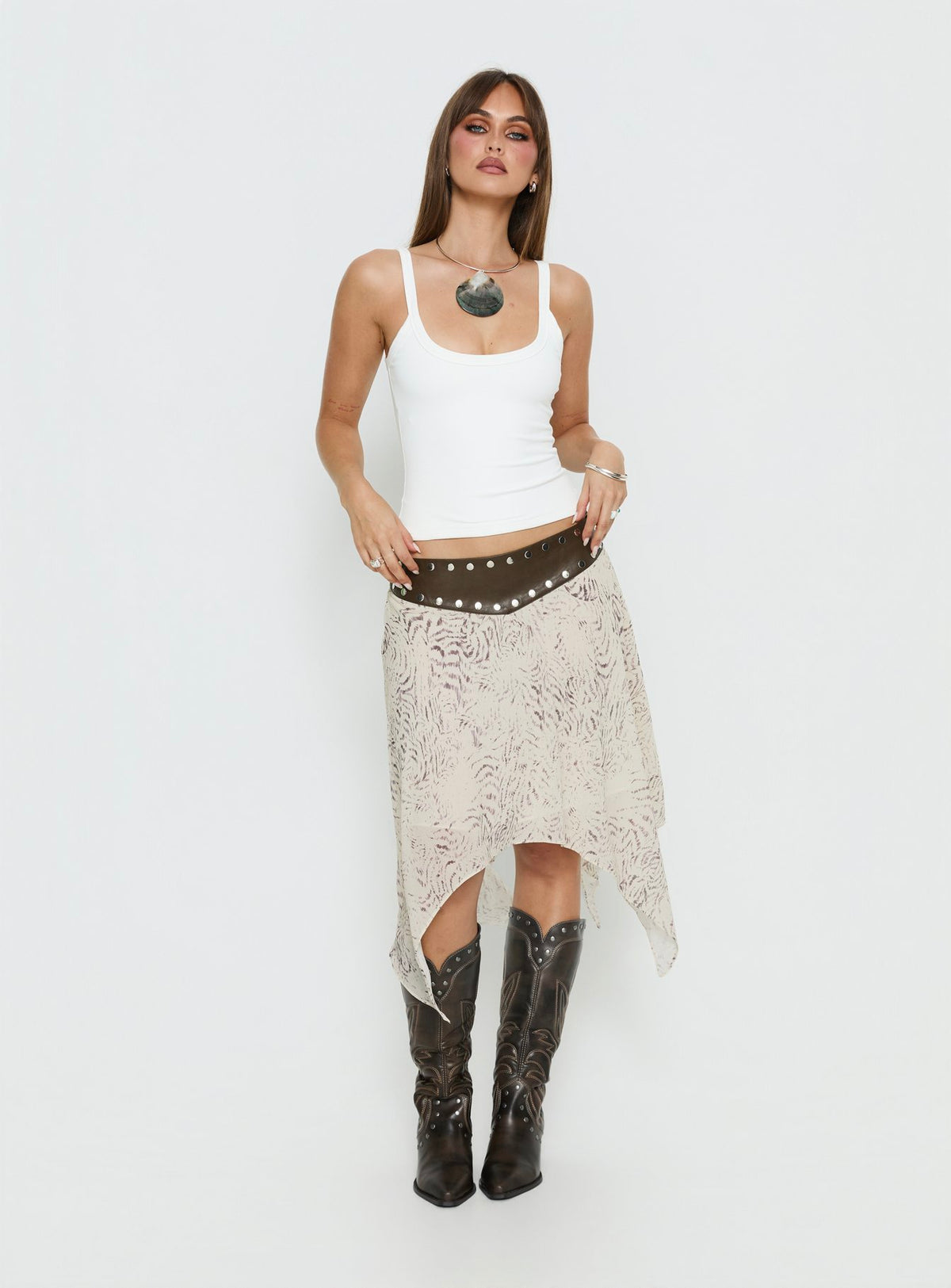 Crafted with Dark Mirage Asymmetrical Midi Skirt Multi womens-skirts in abstract design with belt Princess Polly