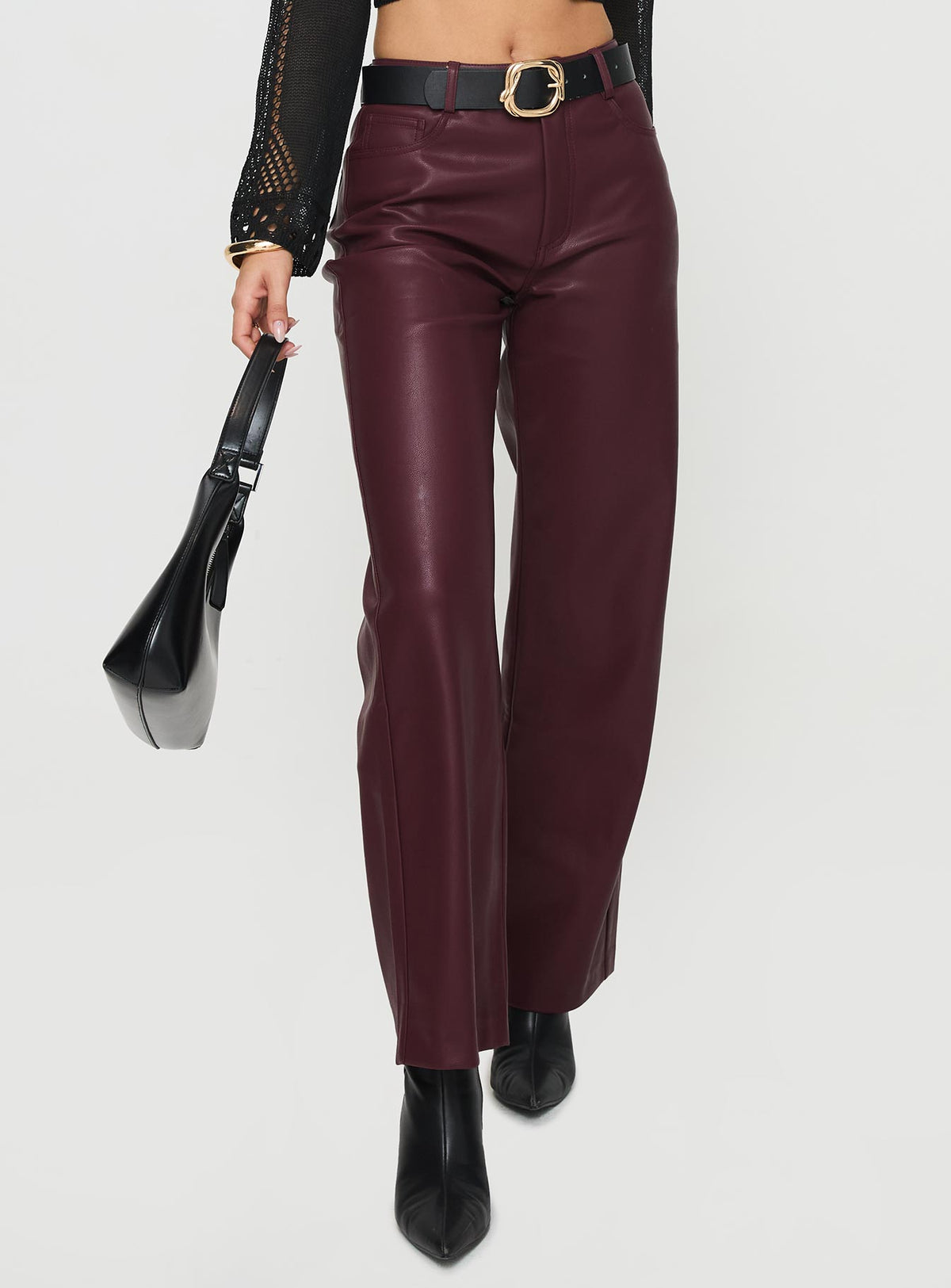 back view of model wearing Princess Polly Dempsey Faux Leather Pants Deep Cherry High Rise Pants Pants 