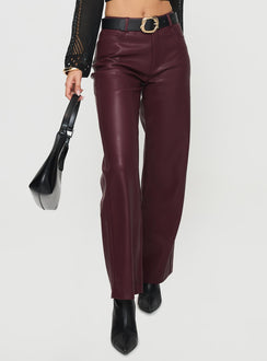 back view of model wearing Princess Polly Dempsey Faux Leather Pants Deep Cherry High Rise Pants Pants 