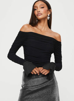 Front view of model wearing  front Princess Polly Full Sleeves Asymmetric Neckline  Moreno Off The Shoulder Top Black