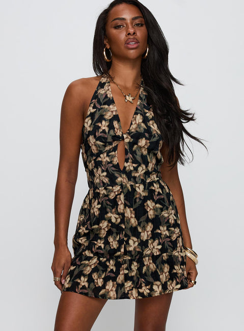 front view of model wearing Princess Polly Ivorie Halter Mini Dress Multi V-Neck 