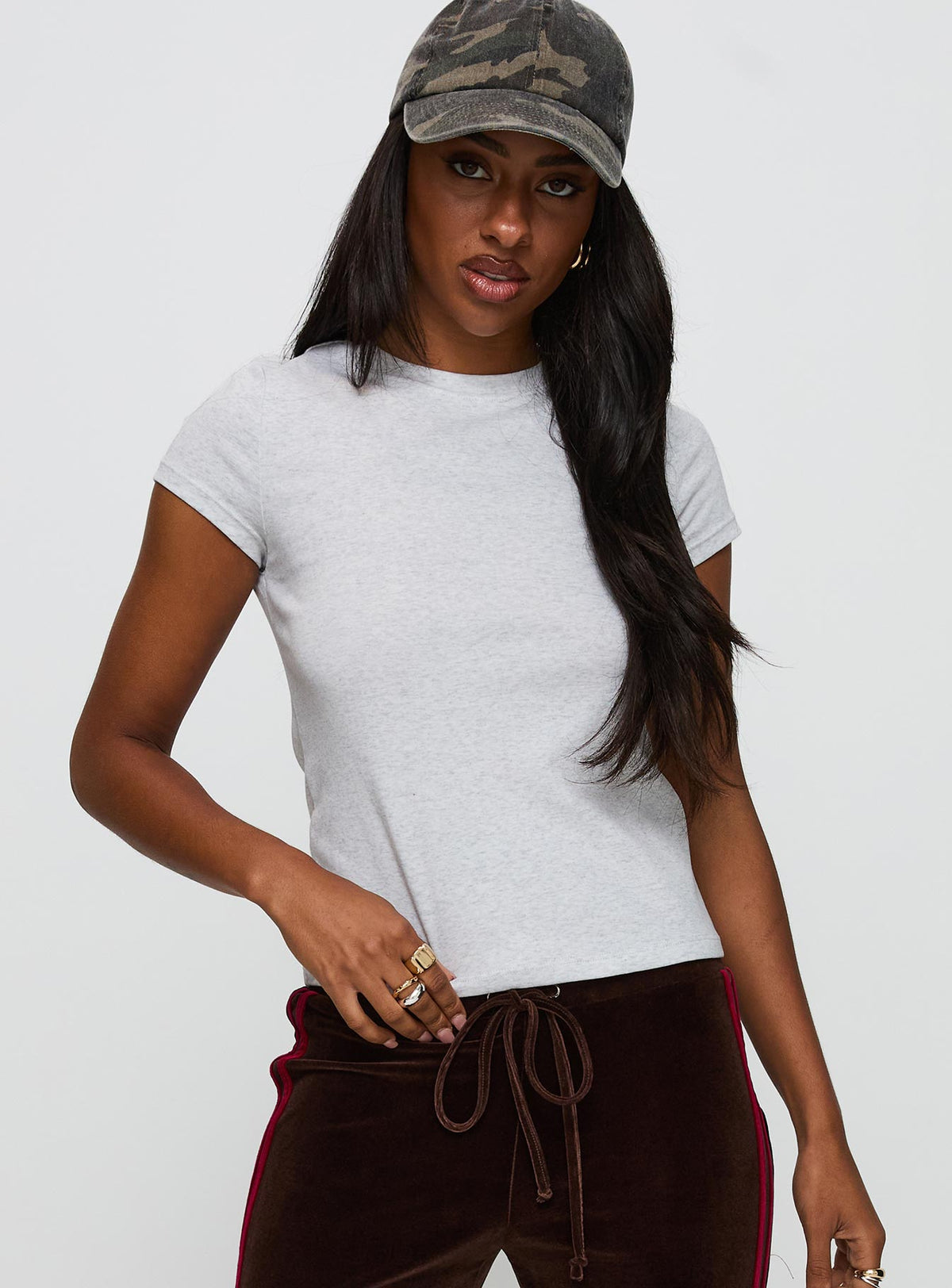 front view of model wearing Princess Polly Prestige Longline Baby Tee Grey Short Sleeves Crew Neck 