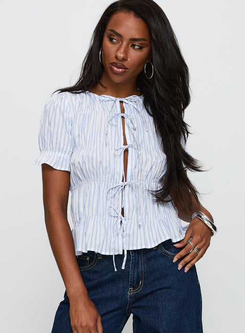 front view of model wearing Princess Polly Alistair Bow Tie Top Blue / White Stripe Short Sleeves Crew Neck 