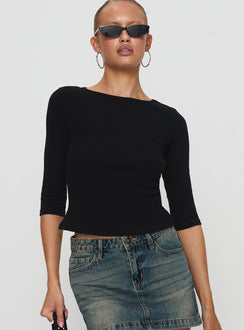front view of model wearing Princess Polly Elaia 3/4 Sleeve Top Black Three Fourth Sleeves Crew Neck 