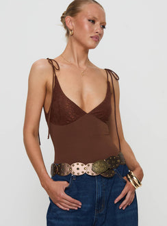front view of model wearing Princess Polly Prichard Bodysuit Brown Sleeveless Bodysuit 