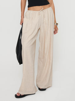 back view of model wearing Princess Polly Beach Comber Linen Pant Beige High Rise Pants Pants 