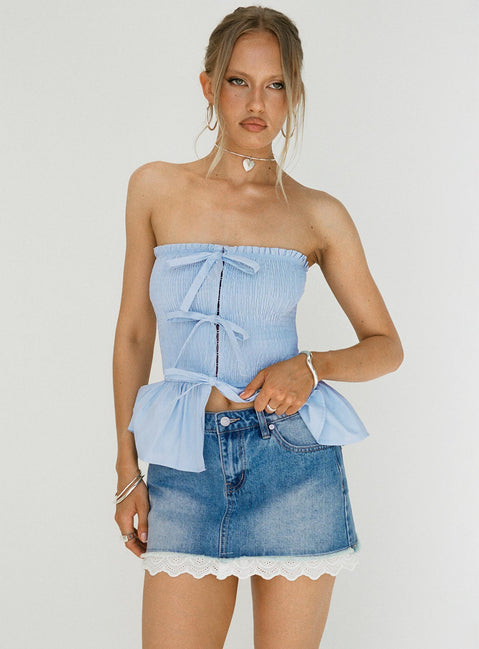   front view of model wearing Princess Polly Miyuki Denim Mini Skirt Mid Wash Mini Skirts Skirts 