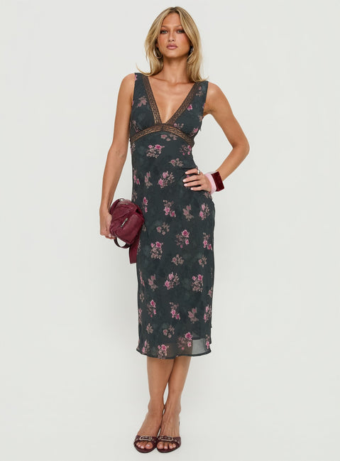 Kenadi Lace Bias Midi Dress Black Floral