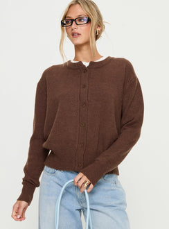 Featuring the Melancholia Cardigan Chocolate womens jumpers with short length and oversized fit front view of model wearing Princess Polly