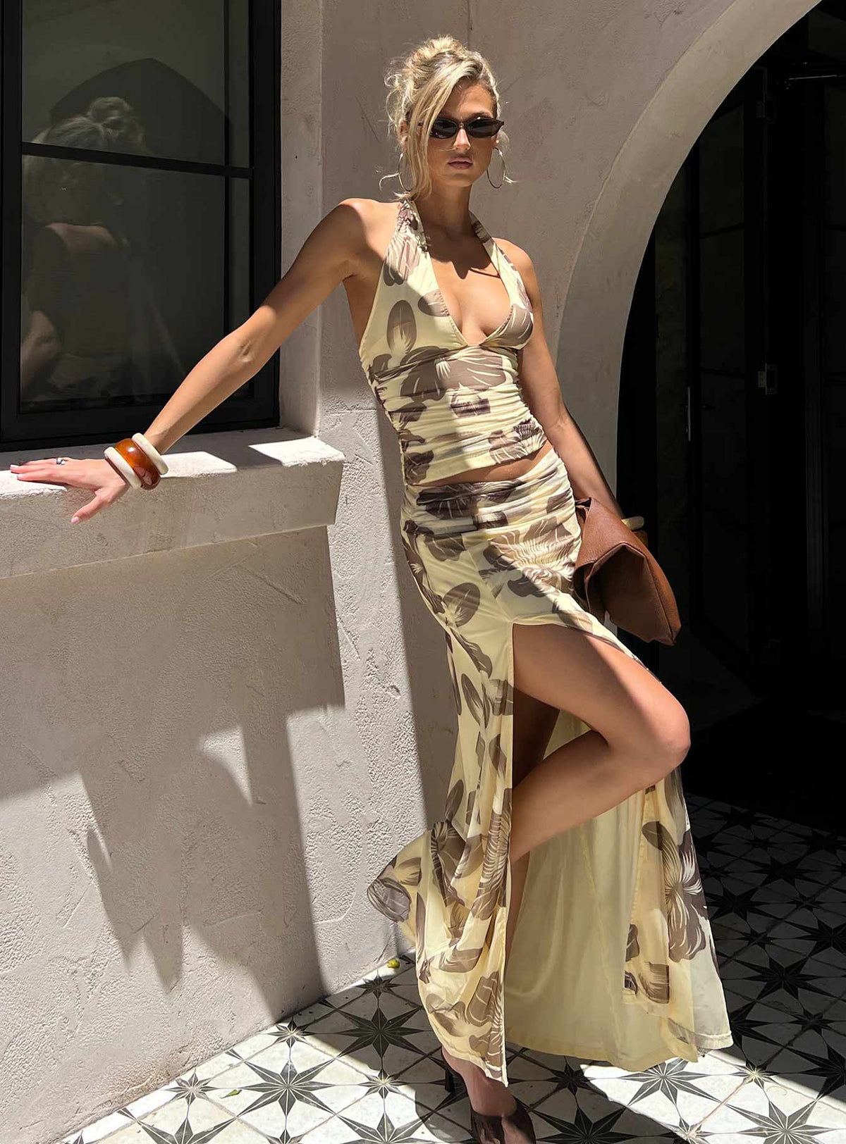  side view of model wearing Princess Polly Roselin Mesh Maxi Skirt Brown Floral Maxi Skirts Skirts 