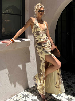   side view of model wearing Princess Polly Roselin Mesh Maxi Skirt Brown Floral Maxi Skirts Skirts 