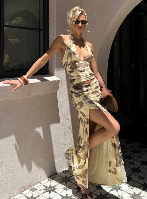   side view of model wearing Princess Polly Roselin Mesh Maxi Skirt Brown Floral Maxi Skirts Skirts 