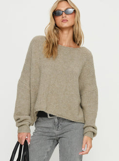 front view of model wearing Princess Polly Ramy Wide Neck Knit Sweater Olive Cropped Jumpers Jumpers 