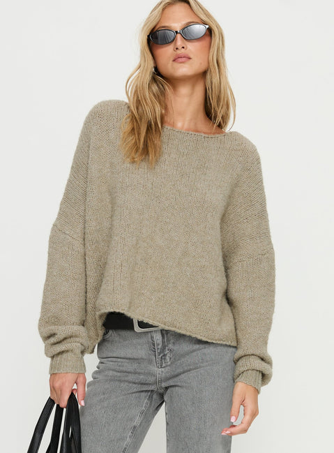 front view of model wearing Princess Polly Ramy Wide Neck Knit Sweater Olive Cropped Jumpers Jumpers 