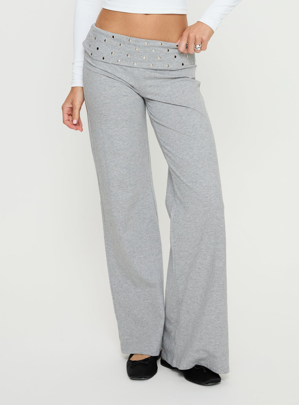 Featuring the Nevivi Foldover Studded Pants Grey Marle womens-regular-pants with high-rise waist product Princess Polly