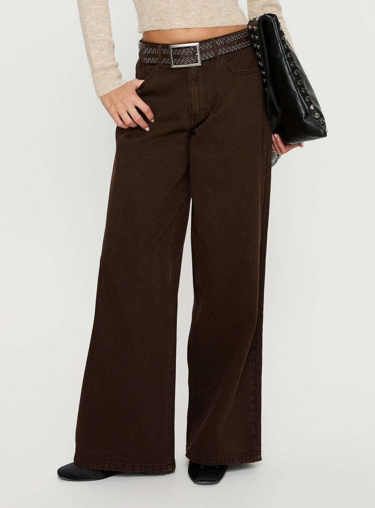back view of model wearing Princess Polly Naylor Mid Rise Wide Leg Jeans Brown Mid Rise Jeans Jeans 