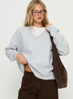 front view of model wearing Princess Polly Stay The Night V Neck Knit Sweater Grey Marle regular Jumpers 