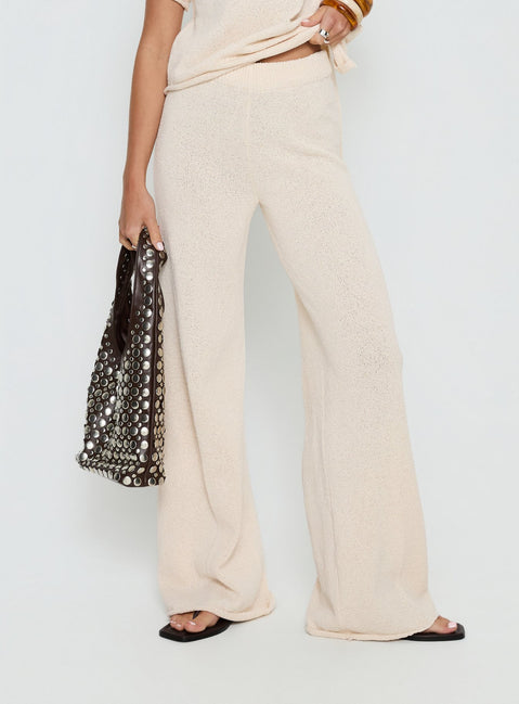 back view of model wearing Princess Polly Calisse Knit Wide Leg Pants Beige High Rise Pants Pants 