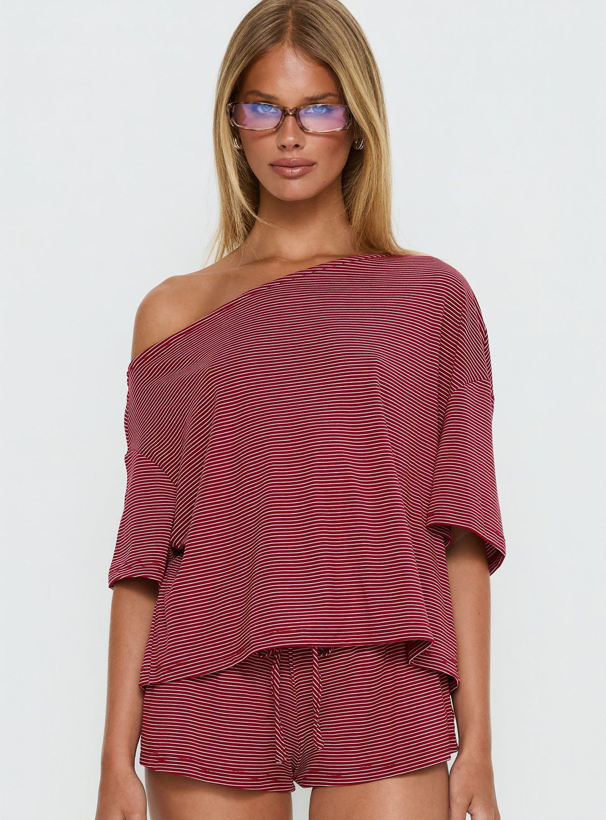Sugar Surge Off Shoulder Sleep Top Cherry Stripe