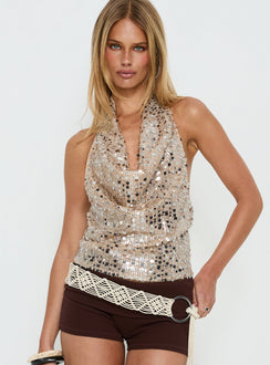 Northern Lights Cowl Halter Backless Top Champagne Sequin