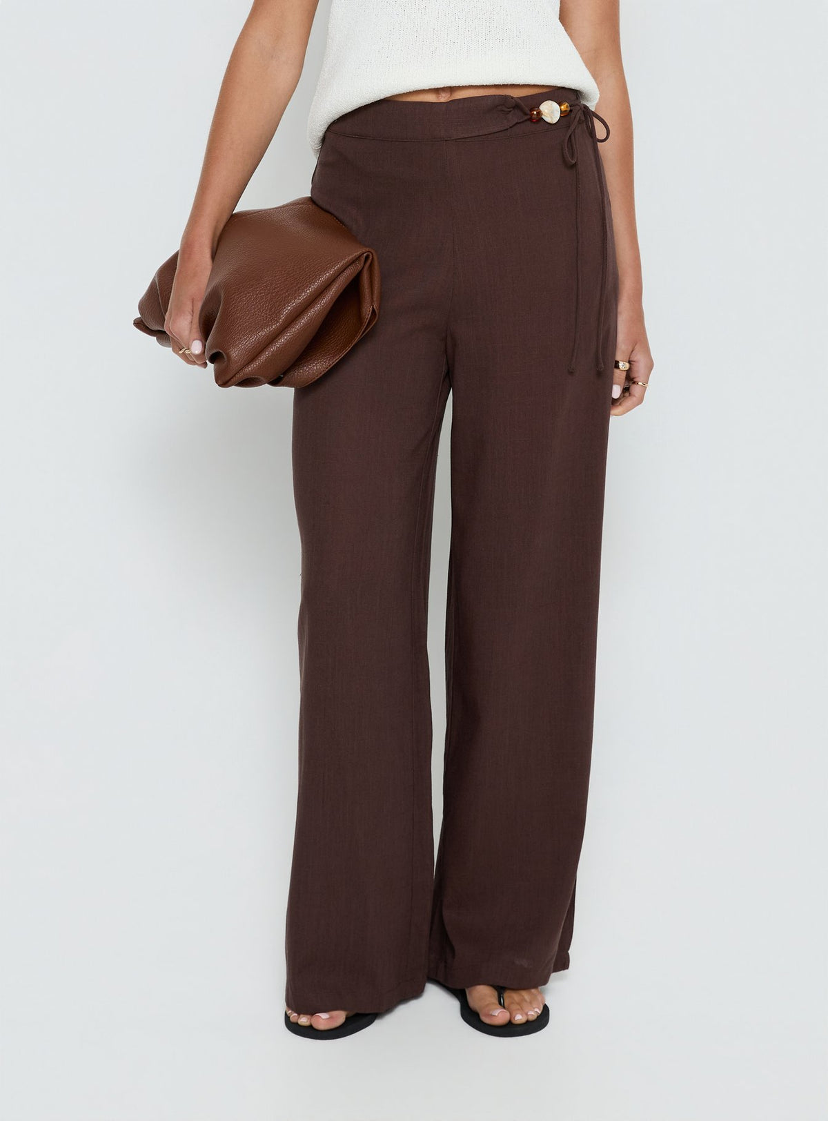 back view of model wearing Princess Polly Pine For You Bead Detail Linen Pant Brown High Rise Pants Pants 