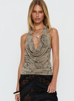 Dijon Plunge Halter Top Paisley Diamonte
