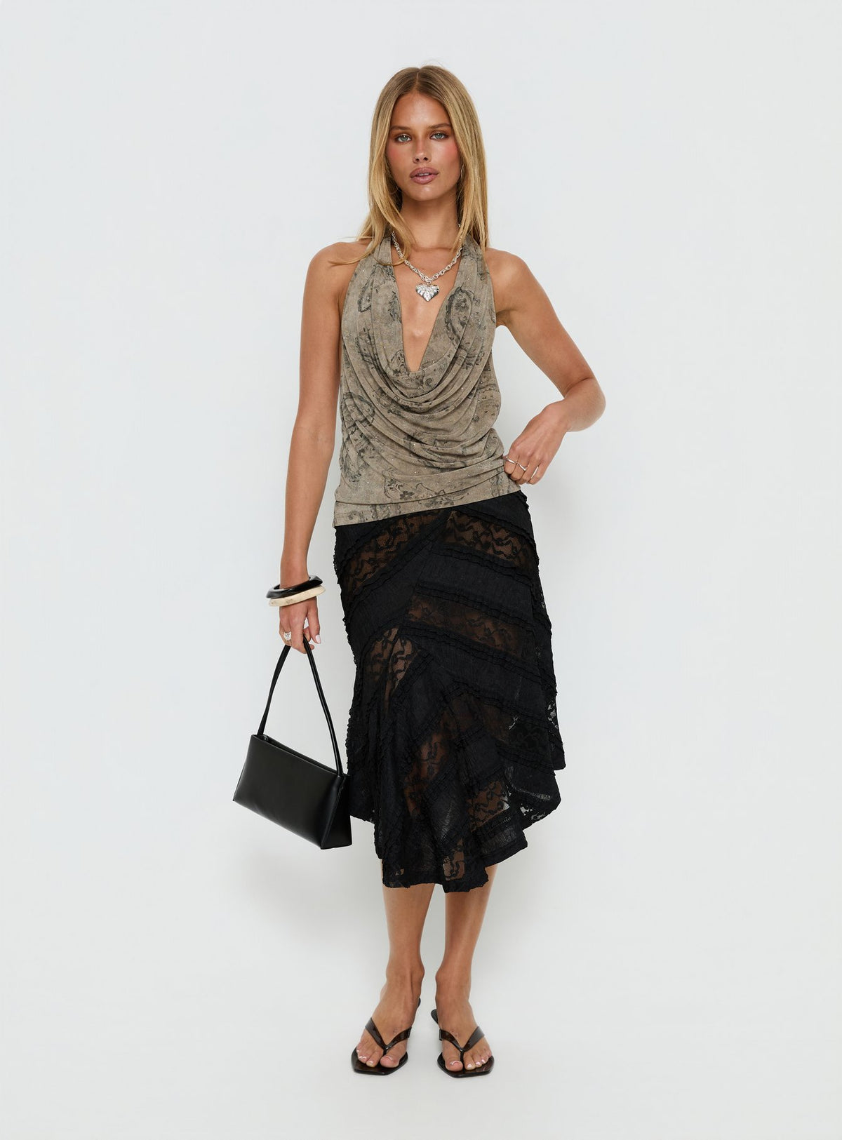   front view of model wearing Princess Polly Constancia Asymmetrical Sheer Midi Skirt Black Midi Skirts Skirts 