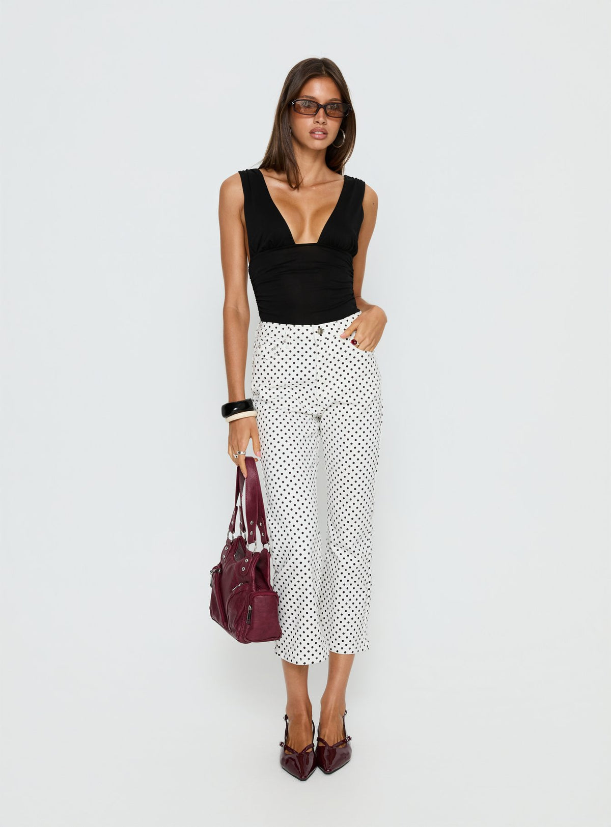 front view of model wearing Princess Polly Cindee High Rise Cropped Jeans White Polka Dot High Rise Jeans Jeans 