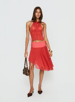   side view of model wearing Princess Polly Legacy Midi Skirt Tomato Polka Skirts 
