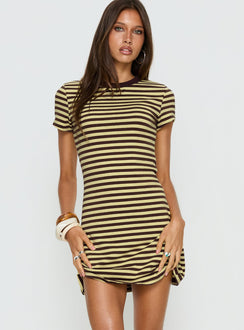 Settle Down Short Sleeve Mini Dress Yellow Stripe