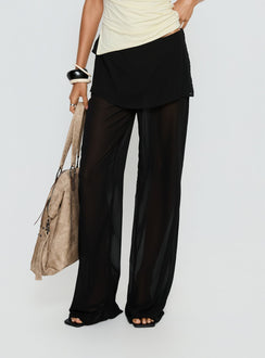 side view of model wearing Princess Polly Jaedon Chiffon Layered Pants Black Mid Rise Pants Pants 