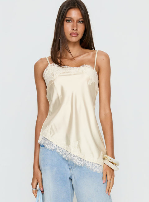 Winta Lace Trim Asymmetrical Satin Top Cream