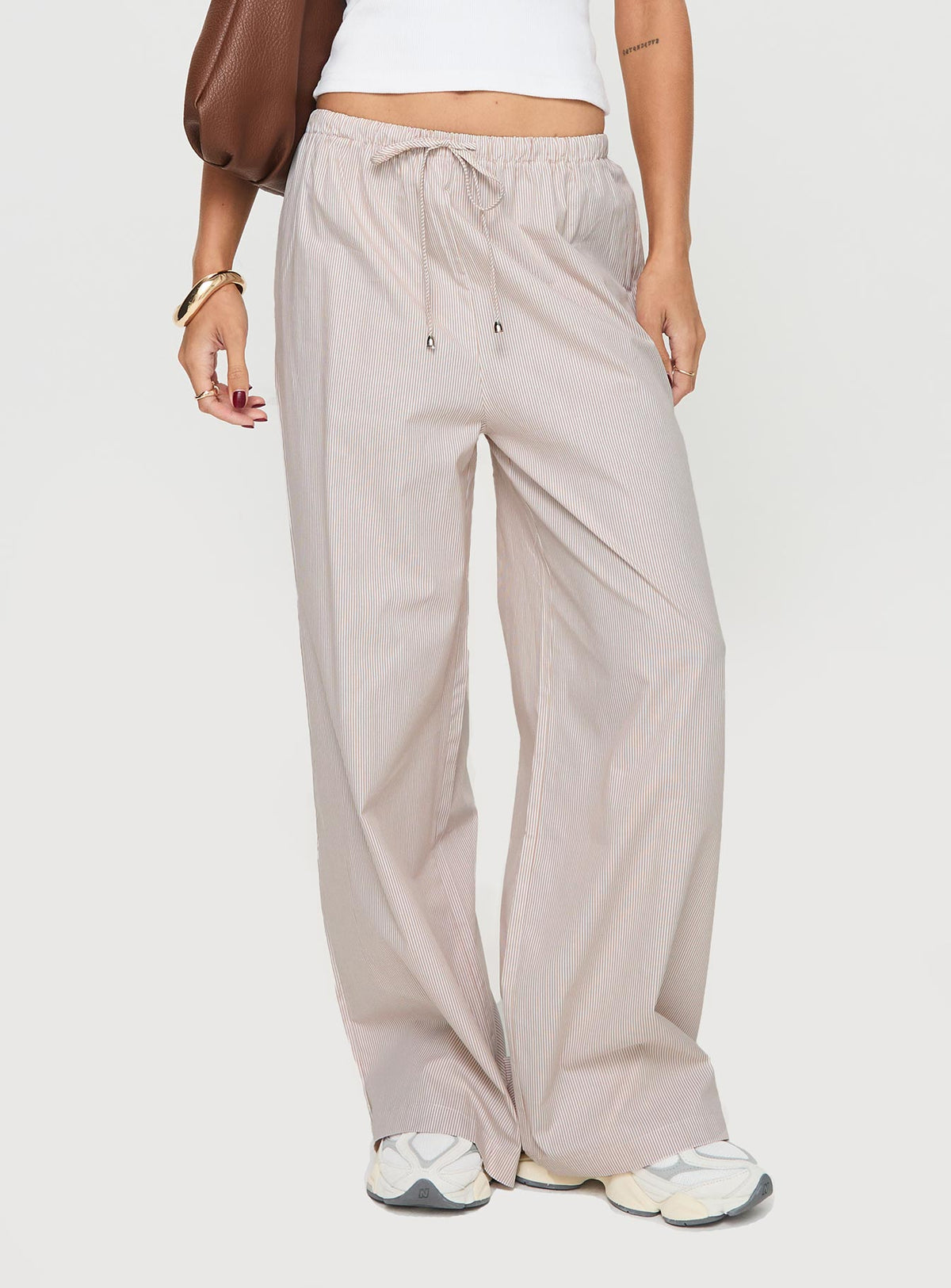 back view of model wearing Princess Polly Ogilvie Pants Beige Stripe Mid Rise Pants Pants 
