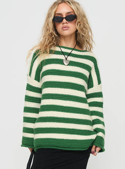 side view of model wearing Princess Polly Brando Knit Sweater Green / Cream Stripe Longline Jumpers Jumpers 