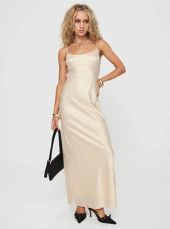 side view of model wearing Princess Polly Ravia Maxi Dress Champagne Square Neck 
