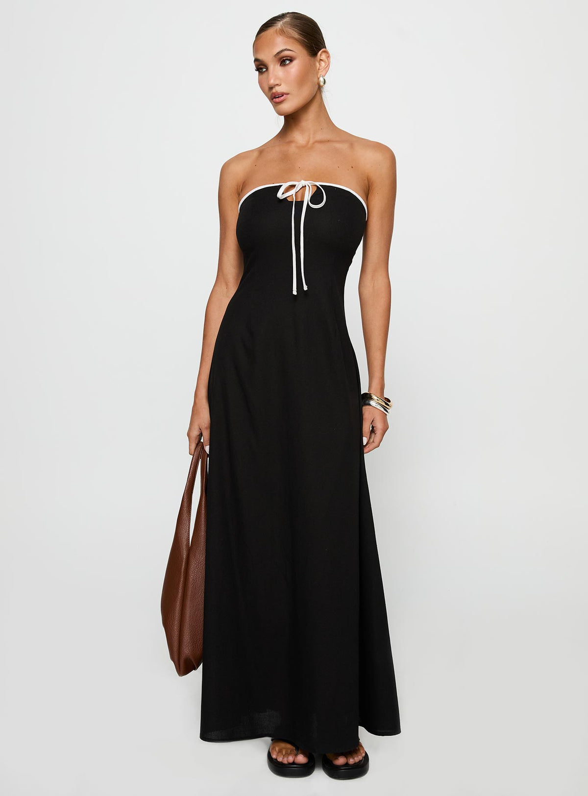 front view of model wearing Princess Polly Bijou Strapless Maxi Dress Black Straight Neck 